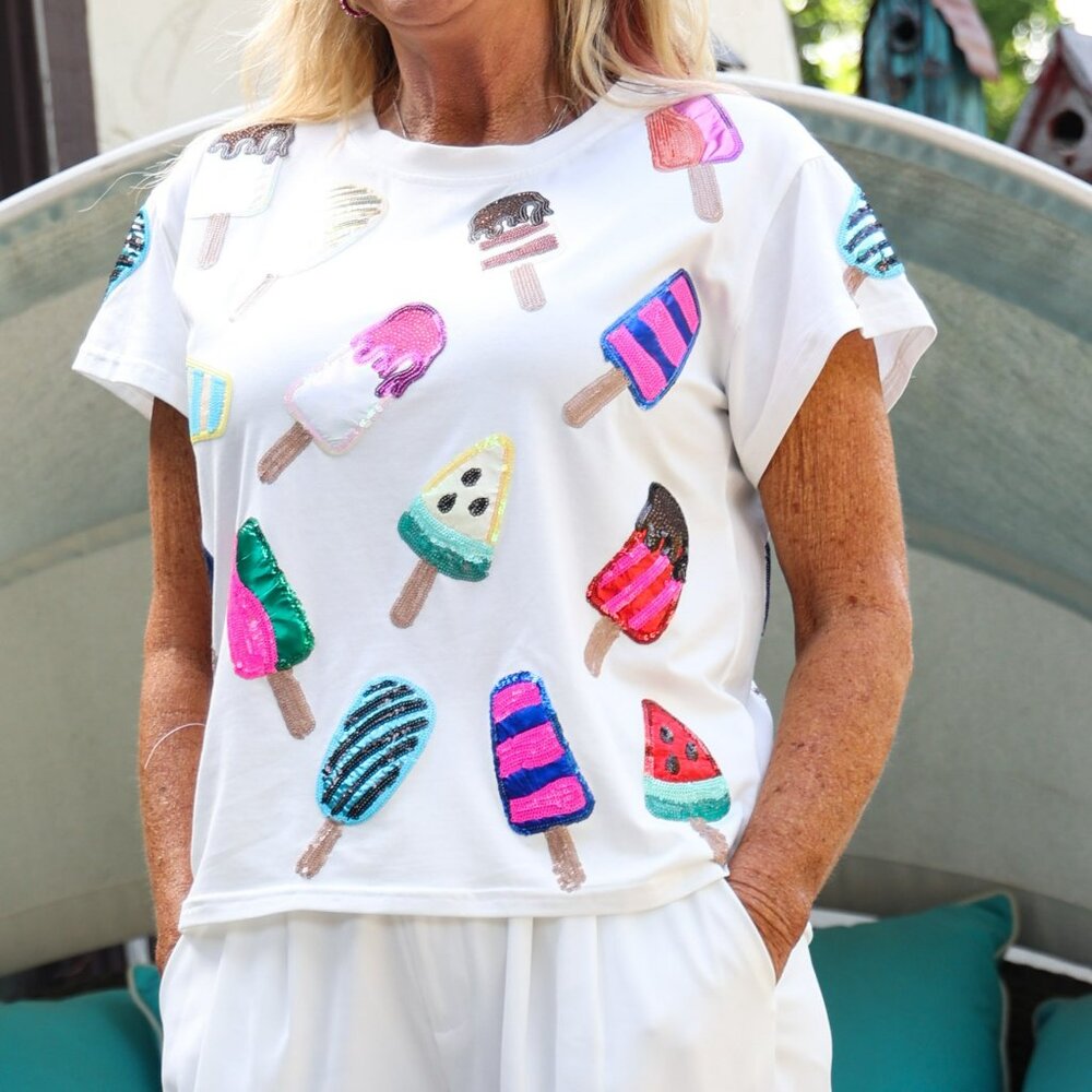 NWT Queen Of Sparkles White Scattered Multi Color Popsicle Tee - Picture 3 of 9